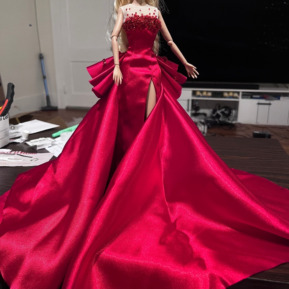 3D Beaded Red Front Split Train Dress Fit Muse Model Barbie, Poppy Parker